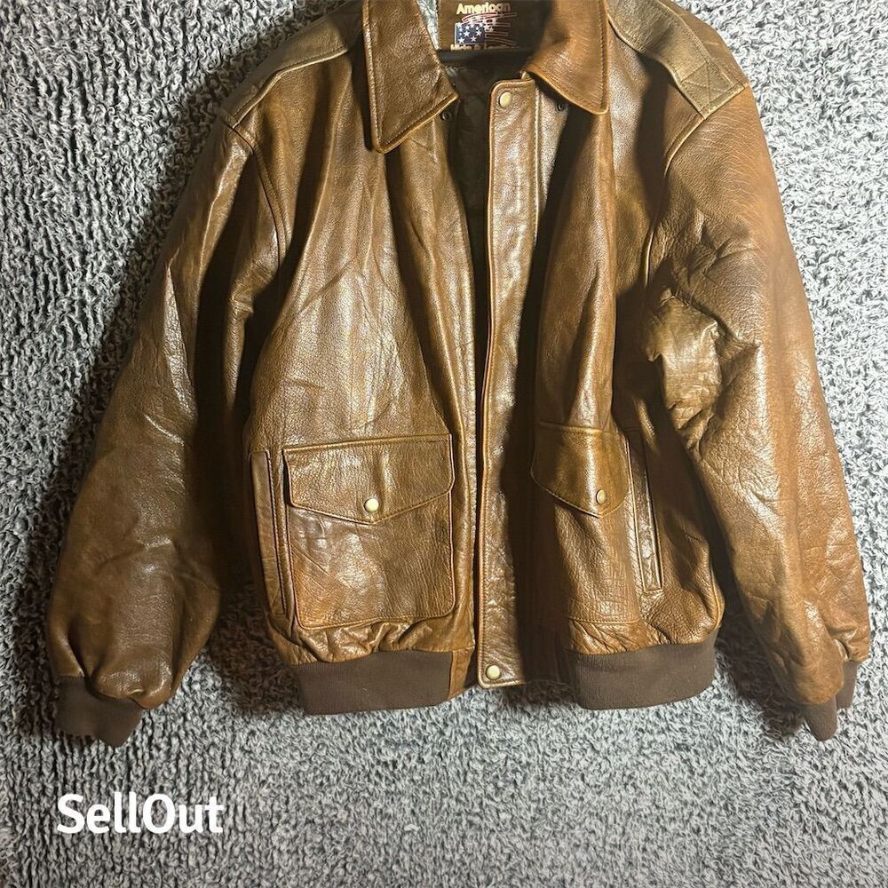 American Hid & Leather Men's XL Brown Leather Bomber Jacket Vintage Aviator